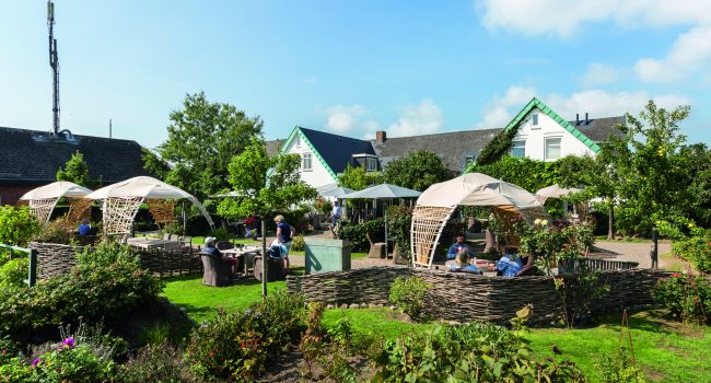 Außenterrassengarten des Ingwersen Café mit sitzenden und stehenden Menschen zwischen Sitzbereichen mit Korbüberdachung. Grüne Büsche und leuchtende Blumen umgeben den Platz. Im Hintergrund bilden weiße Häuser mit grün getrimmten Dächern einen schönen Kontrast zu einem strahlend blauen Himmel mit vereinzelten Wolken.